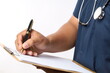 © ArvStd - Hospital, writing and hands of nurse with clipboard for medical service, medicine and clinic notes. Healthcare, documents and person with checklist for medicare, insurance form and prescription