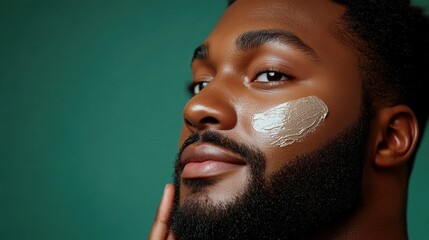 A plus-size man with healthy, glowing skin applying a natural skincare product, set against a green background, emphasizing self-care and grooming.