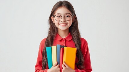 Happy young girl student wearing glasses and holding colorful books.