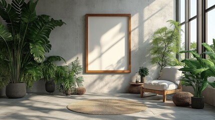 Poster - Cozy interior with plants and a blank frame for artwork.