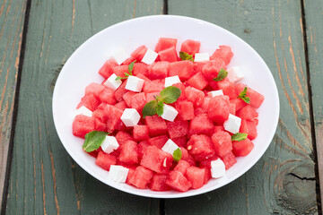 Summer watermelon salad with feta cheese and mint