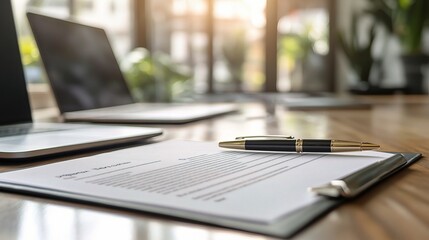 Canvas Print - Contract Document on Desk with Laptop and Pen