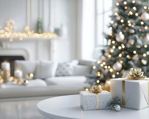 Modern living room decorated for Christmas with gifts and a beautifully lit tree.