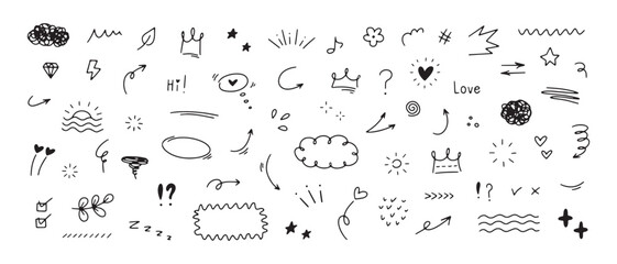 Leinwandbilder - Hand drawn simple doodle elements. Sketch line vector speech bubbles, underlines, emphasis, arrows, highlights, sparkle elements.