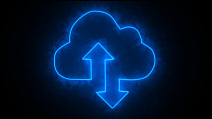 Upload icon symbol, cloud icon and neon line upload arrow icon animation on black background.