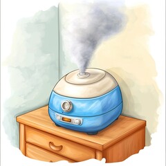 Poster - A blue and white humidifier emitting steam on a wooden nightstand.