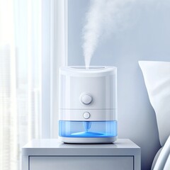 Poster - A modern humidifier releasing mist, placed on a bedside table in a bright room.