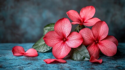 Poster - Delicate Pink Flowers with Green Leaves on a Blue Background