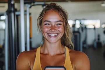 A radiant young woman in a vibrant tank top captures a selfie at the gym, radiating health and positivity, epitomizing modern fitness culture and self-love awareness.