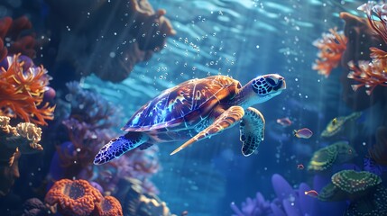 Poster - Futuristic Virtual Pet Turtle Exploring Vibrant 3D Coral Reef Environment