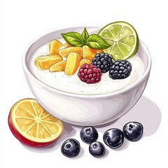 Wall Mural - A bowl of yogurt topped with fruits and mint leaves, showcasing a healthy snack option.