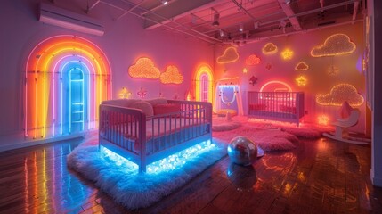 Wall Mural - Conceptualize a neon exhibit of nursery symbols, featuring shimmering cribs