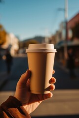 Wall Mural - Hand holding disposable coffee cup against a coffee shop drink mug day.