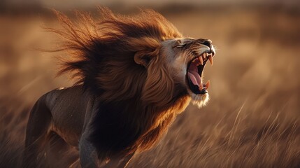 Wall Mural - Majestic lion roaring with flowing mane in the golden African savanna during sunset