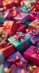 A pile of colorful gift boxes with ribbons, in a photorealistic style, close-up, christmas, birthday