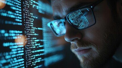A focused developer examines code on a digital screen, captured in a high-tech work environment, emphasizing concentration and innovation.