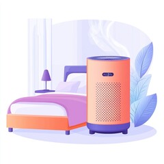 Sticker - A modern bedroom featuring an air purifier beside a bed with soft furnishings.