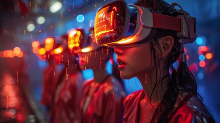 Sticker - Craft a dynamic scene featuring VR goggles users participating in virtual sports tournaments with AI opponents and spinning holographic stadiums.