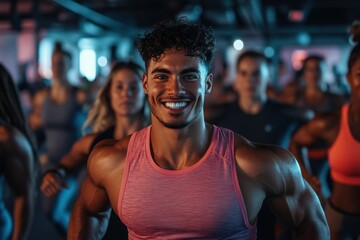 A man in a pink tank top beams with energy while leading a dynamic gym group exercise class, representing teamwork, motivation, and the modern fitness lifestyle.