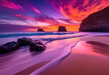 vibrant coastal sunset illuminating serene seascapes striking colors breathtaking horizons, beach, coastline, ocean, twilight, light, reflection, waves, sky