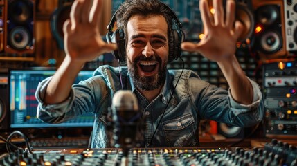 Wall Mural - A joyful radio host in headphones, gesturing widely while reading news into a studio microphone, with various studio gear visible.