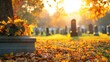© Tuachan - A serene autumn scene with colorful leaves on a grave, capturing the tranquility of a cemetery during fall.