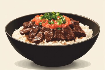 Delicious bowl of rice topped with savory beef and a fresh garnish, perfect for food lovers and culinary enthusiasts, white background