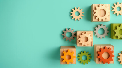 Wall Mural - creative gear patterns on wooden cubes, imaginative arrangement, vibrant flat design illustration, s