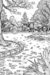 Wall Mural - Coloring book illustration of a serene autumn landscape featuring a tranquil pond surrounded by colorful foliage Scenic park in fall showcasing picturesque trees and a peaceful lake