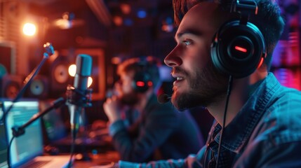 Wall Mural - Close-up of podcast hosts in headphones, passionately debating creative topics in a soundproof studio with professional recording gear.