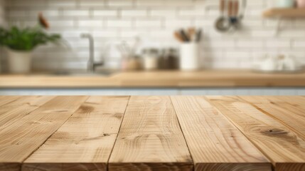 Charming Wooden Table in Vintage Kitchen, a smooth wooden surface contrasts with a softly blurred backdrop of a cozy kitchen, evoking nostalgia and warmth.