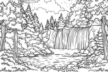 Wall Mural - Coloring book illustration of a picturesque waterfall in autumn surrounded by trees