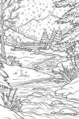 Wall Mural - Coloring book illustration of a snow covered river landscape surrounded by winter scenery