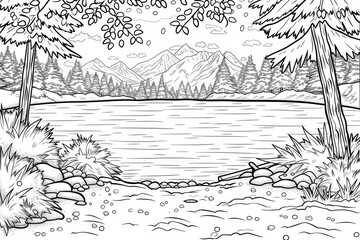 Wall Mural - Coloring book illustration of a serene lake surrounded by winter scenery