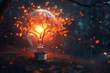 Aufkleber - A light bulb transforming into a tree with glowing leaves,