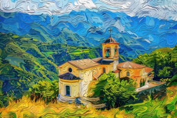 Canvas Print - Impressionist church in the hill painting art architecture.