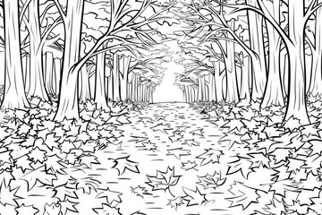 Wall Mural - Coloring book illustration of a pathway lined with fallen leaves in a winter woodland