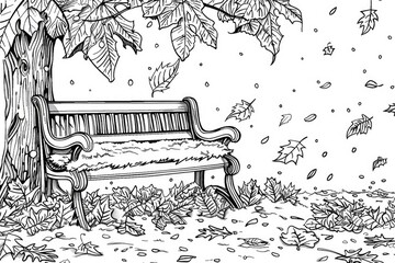 Wall Mural - Coloring book illustration of a snowy bench surrounded by fallen autumn leaves during the off season