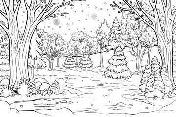 Wall Mural - Coloring book illustration of a snowy park scene with trees for winter walking enjoyment