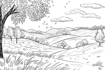 Wall Mural - Coloring book illustration of a misty autumn landscape with rolling hills and trees