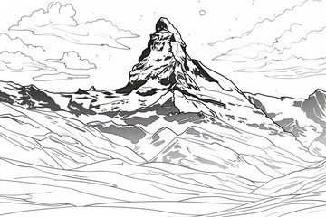 Wall Mural - Coloring book illustration of a mountain summit landscape with snow covered surroundings on a cold winter day