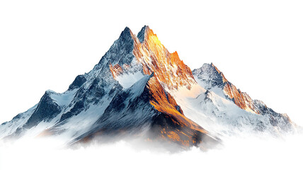 snow-covered mountain peaks in sunset light, isolated on transparent cutout background