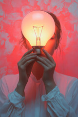 Poster - A person holding a glowing idea bulb above their head, isolated on a pastel canvas,