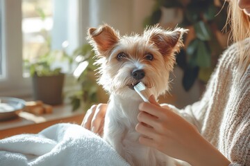 dog's teeth being brushed with pet toothbrush, promoting regular dental care and hygiene services fo