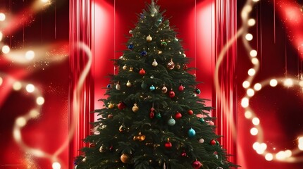 Christmas Tree In Red Shiny Background