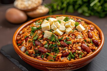 Wall Mural - A colorful dish of baio de dois, a traditional rice and beans dish with chunks of cheese and herbs, garnished with fresh cilantro. 