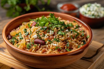 Wall Mural - A colorful dish of baio de dois, a traditional rice and beans dish with chunks of cheese and herbs, garnished with fresh cilantro. 