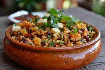 Wall Mural - A colorful dish of baio de dois, a traditional rice and beans dish with chunks of cheese and herbs, garnished with fresh cilantro. 