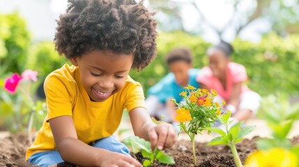 Child joyfully plants flowers in a sunny garden. Family gardening content.