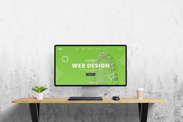 Poster - Green web design concept page displayed on computer screen at office desk with a clean wall background, perfect for text promotion. Eco-friendly design and minimalist workspace for marketing visuals